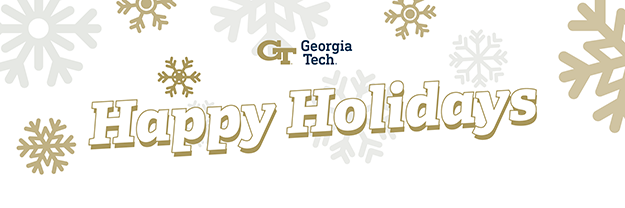 Happy Holidays header with gold and gray snowflakes.