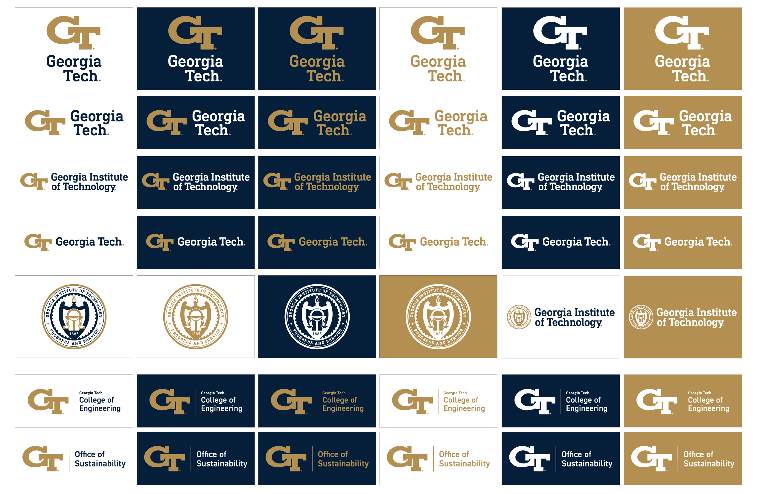 Array of examples of acceptable logo colors for Georgia Tech