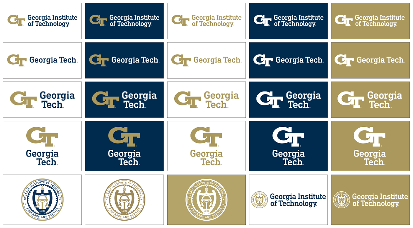 Grid of examples of acceptable colors for Georgia Tech logos