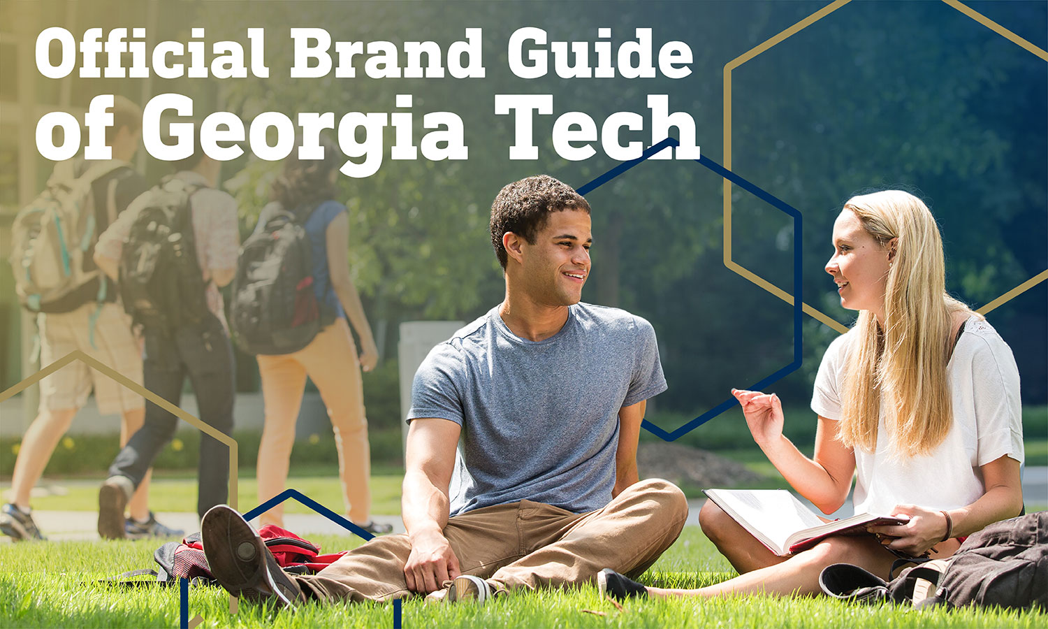 Brand guide header with Georgia Tech students sitting on the lawn