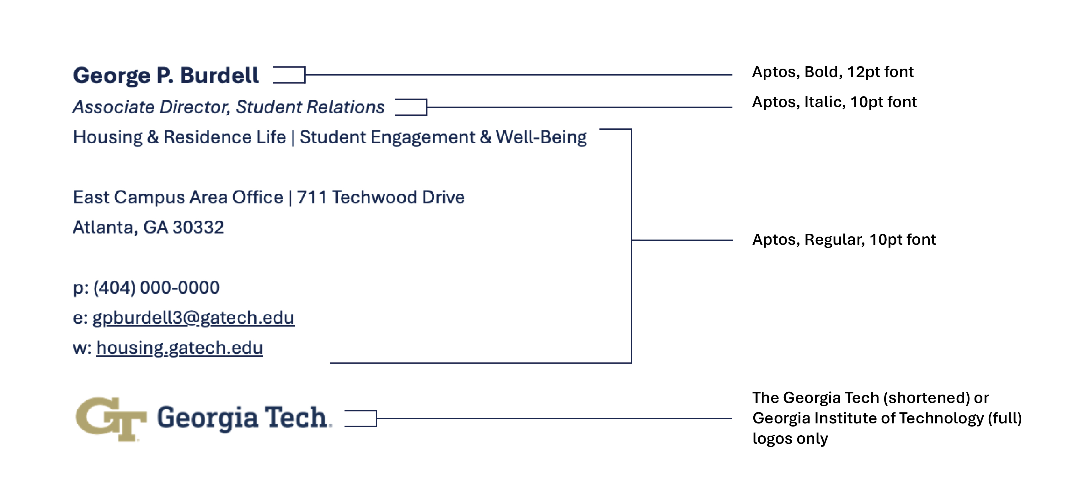 The image is a sample email signature for a Georgia Tech employee, George P. Burdell, formatted with specific font styles and branding elements. 