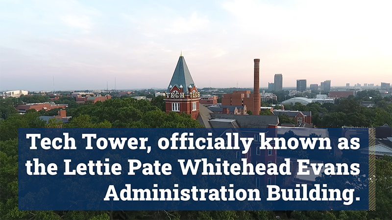 Tech Tower with blue text box and large white letters.