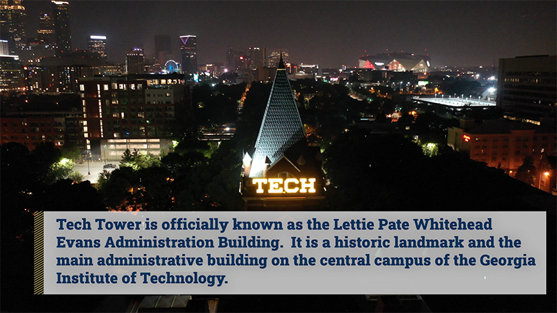 Tech Tower at nght with text box at bottom.